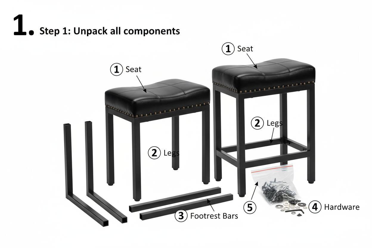 1. Step 1: Unpack all components

1. Seat
2. Legs
3. Footrest Bars
4. Hardware