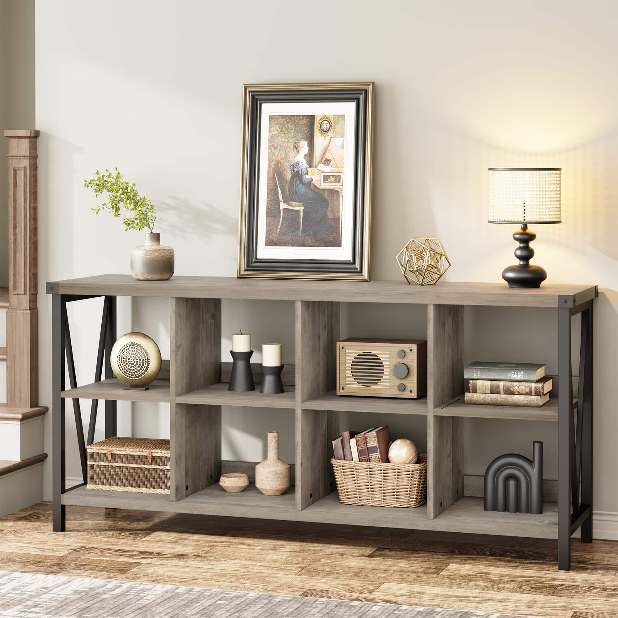 Front. Jojoka - 3-Tier 8-Cube Wooden Storage Organizer, 63" Long Low Farmhouse Bookshelf for Entryway, Living Room, or Bedroom - Gray.