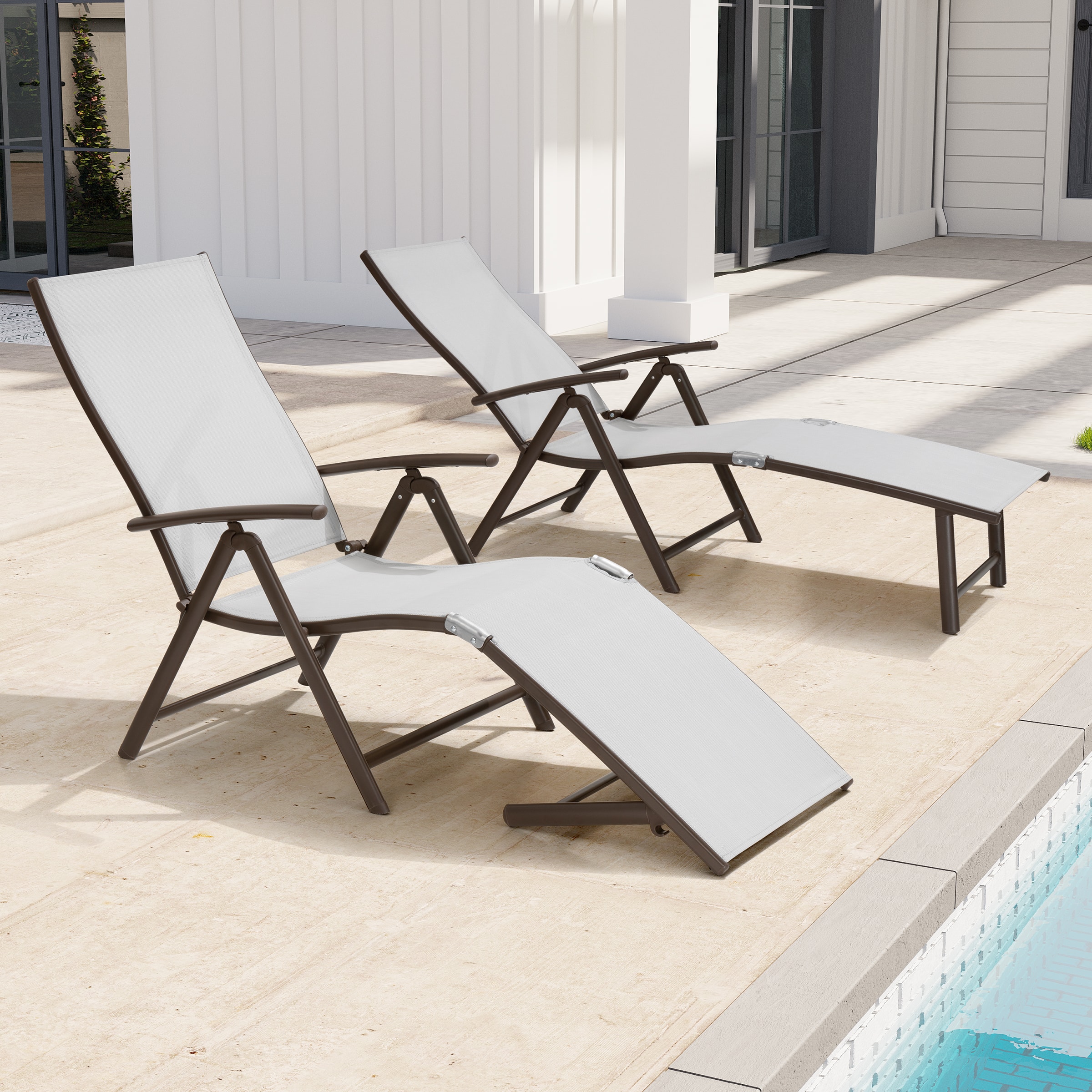 Crestlive Products - Outdoor Aluminum Folding Recliner Adjustable Chaise Lounge (Set of 2) - Light Gray