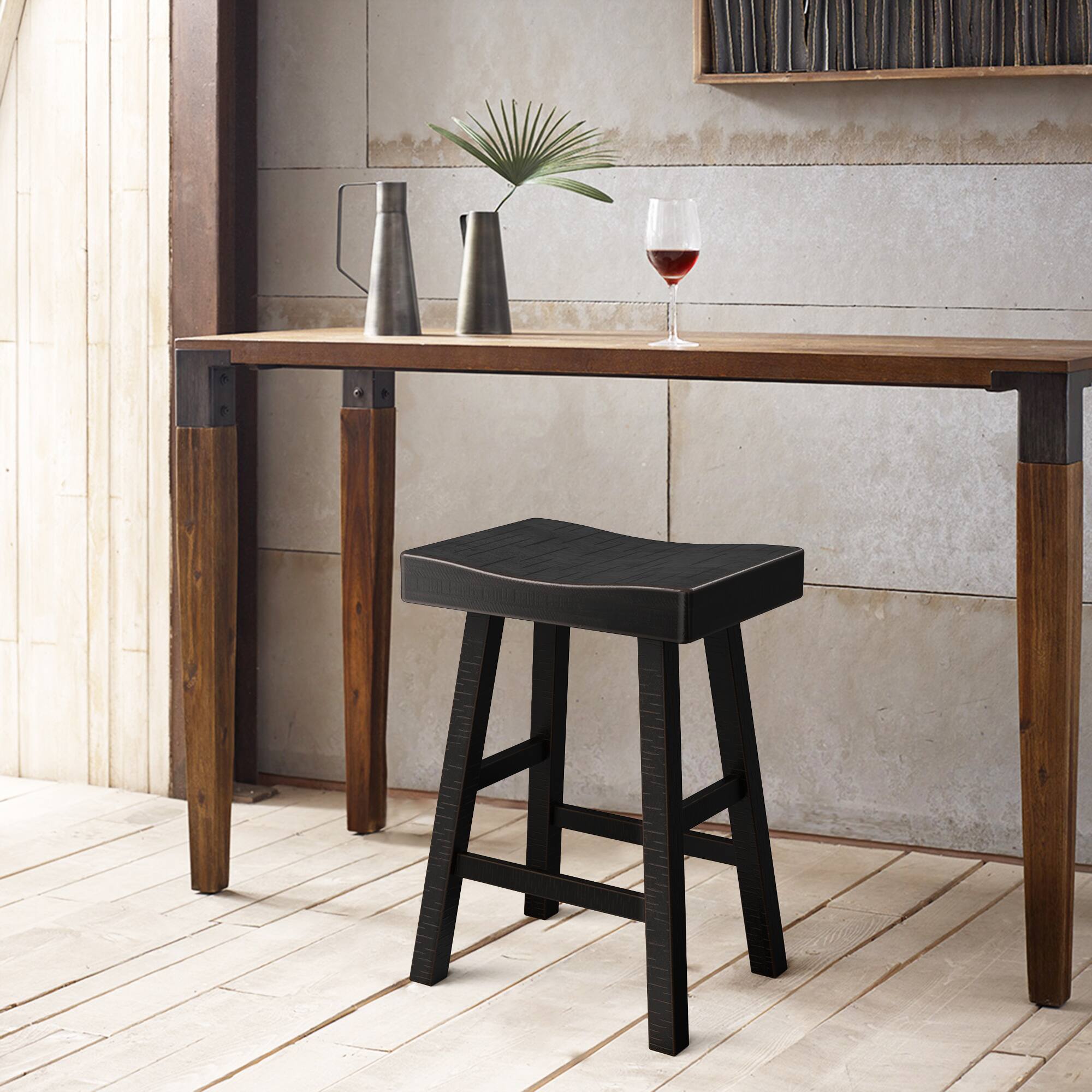Left. Vaczon - Bar Stools Set of 2, Wooden Saddle Stools 24" Height Bar Chairs Seat with Footrests and Industrial Kitchen Counter Stool - Oak，Black.