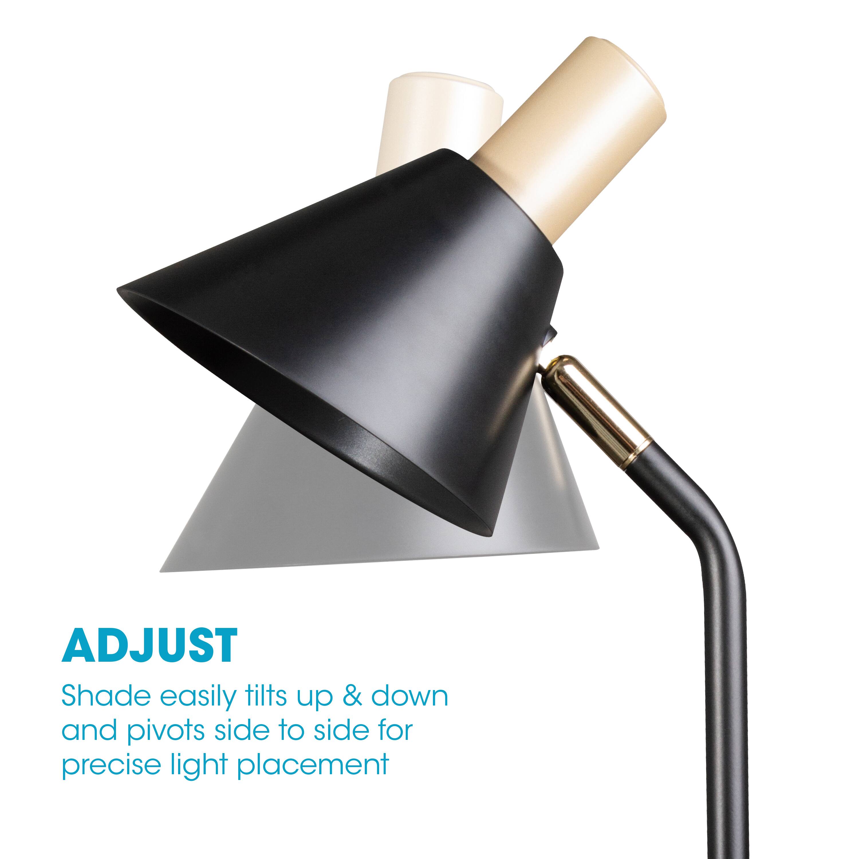 The text on the image reads: "ADJUST Shade easily tilts up & down and pivots side to side for precise light placement."