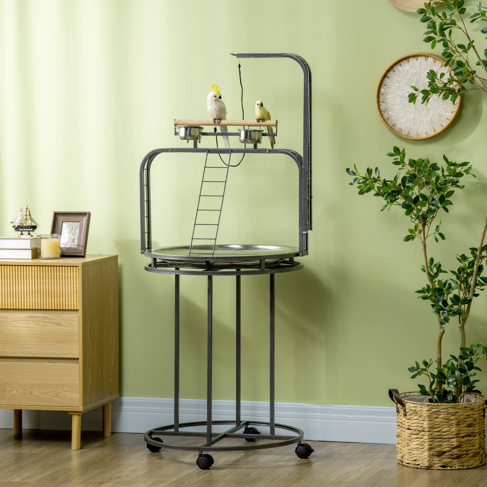 Angle. Pawhut - Parrot Stand Large Bird Perch Stand with Toy Hook, 3 Ladders, Parrot Perch with Easy Grip, Bird Wooden Stand - gray.