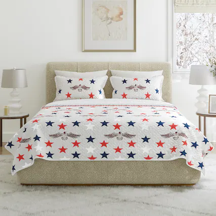 Front. Lavish Home - 3PC Queen Quilt Set with Shams, Stars - Gray, Red, White, and Blue.