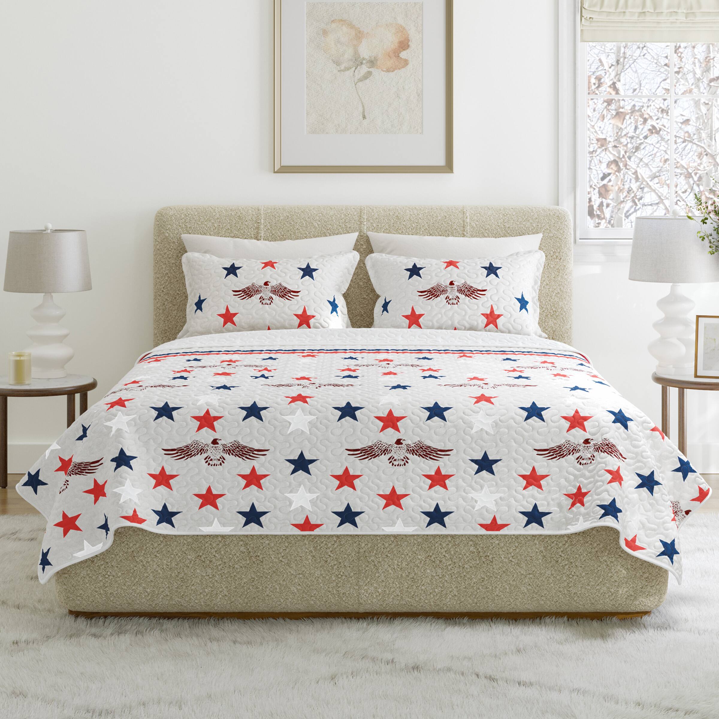Front. Lavish Home - 3PC Queen Quilt Set with Shams, Stars - Gray, Red, White, and Blue.