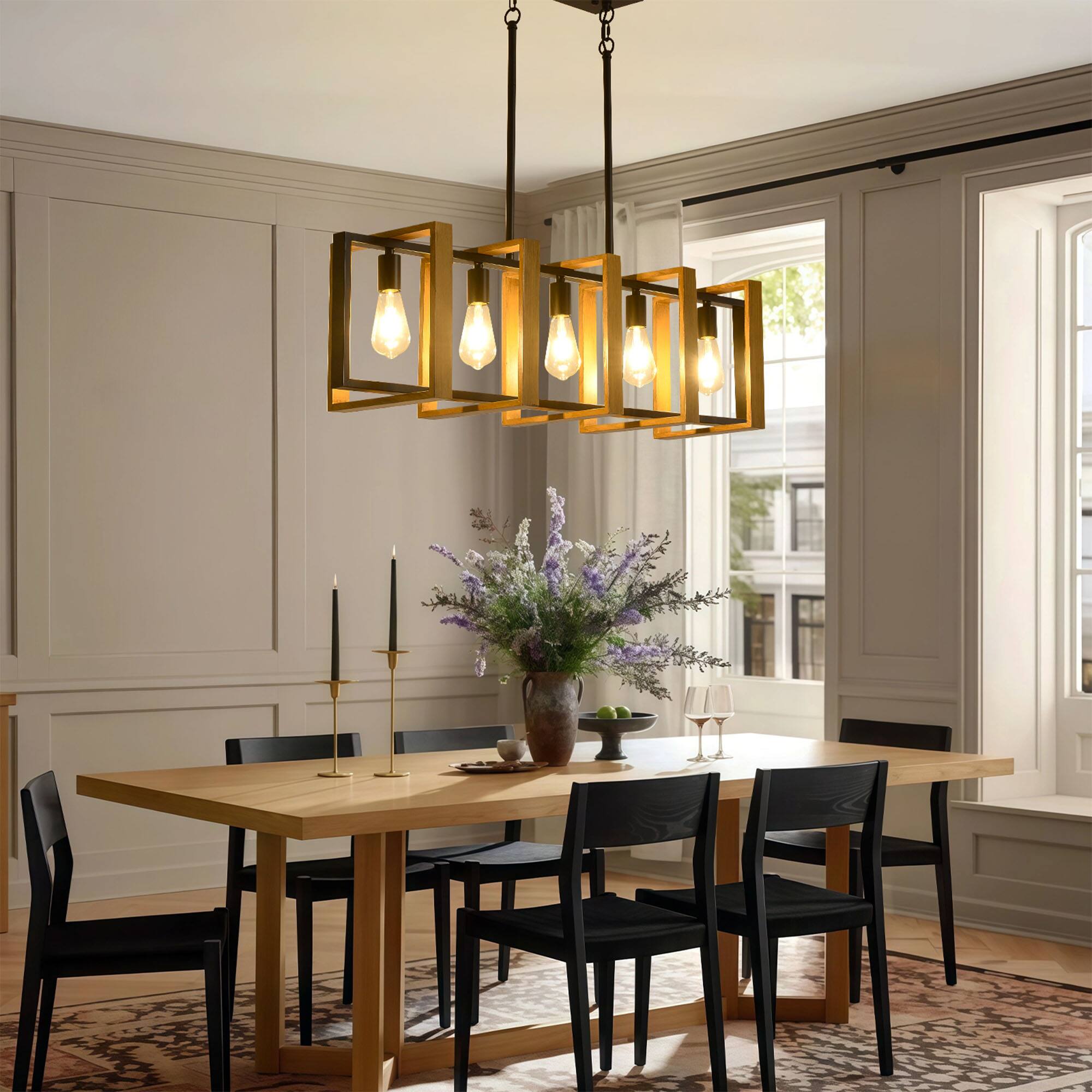 Angle. RYHNUYNE - 42" Kitchen Island Lighting, 5 Lights Farmhouse Dining Room Light Fixture, Rustic Wood Linear Chandelier for Dining Room - Black.