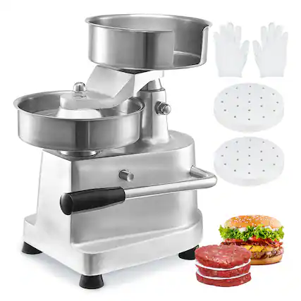Front. VEVOR - Commercial Burger Patty Maker, 150mm/6inch Hamburger Beef Patty Maker, Heavy Duty Food-Grade Stainless Steel - Silver.
