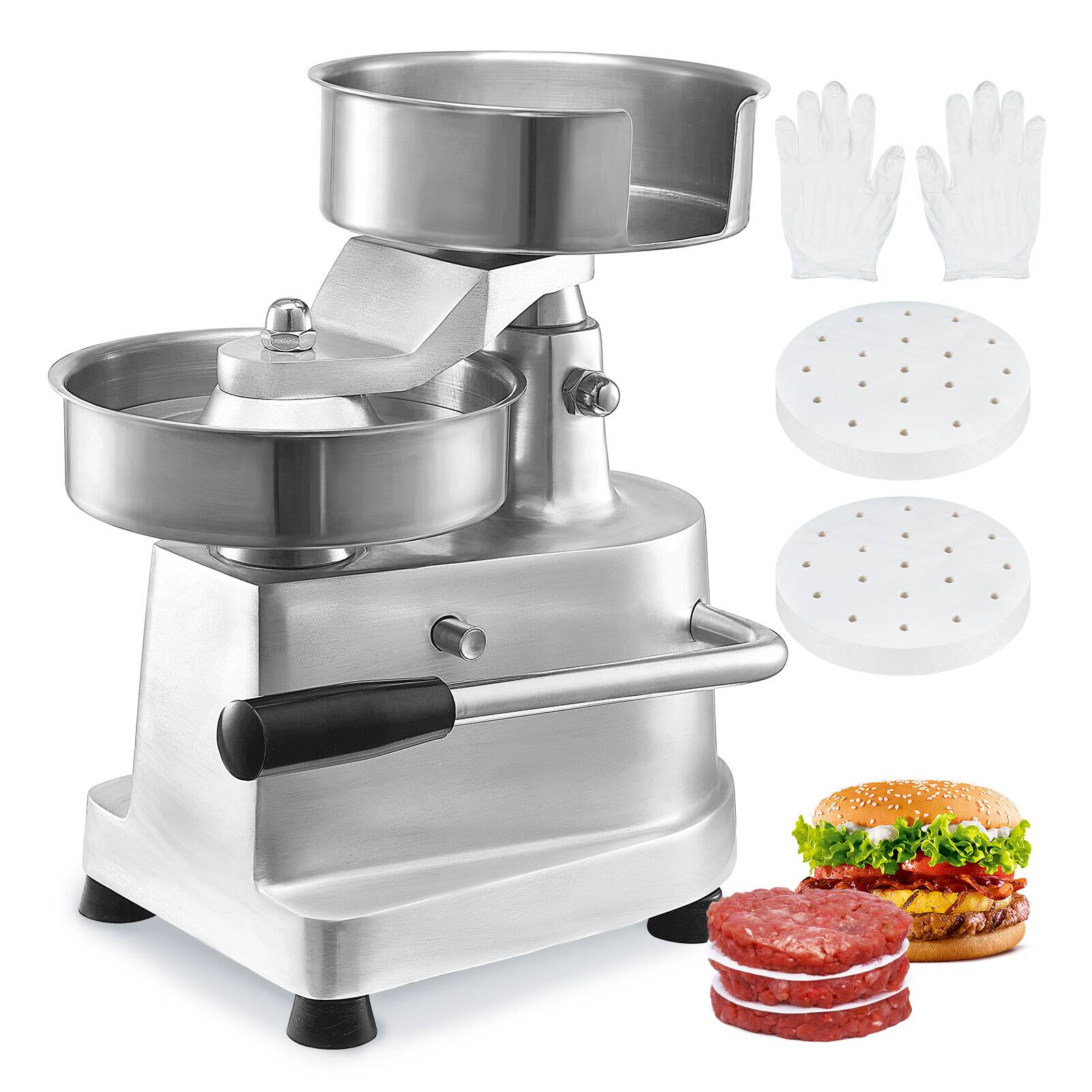Front. VEVOR - Commercial Burger Patty Maker, 150mm/6inch Hamburger Beef Patty Maker, Heavy Duty Food-Grade Stainless Steel - Silver.