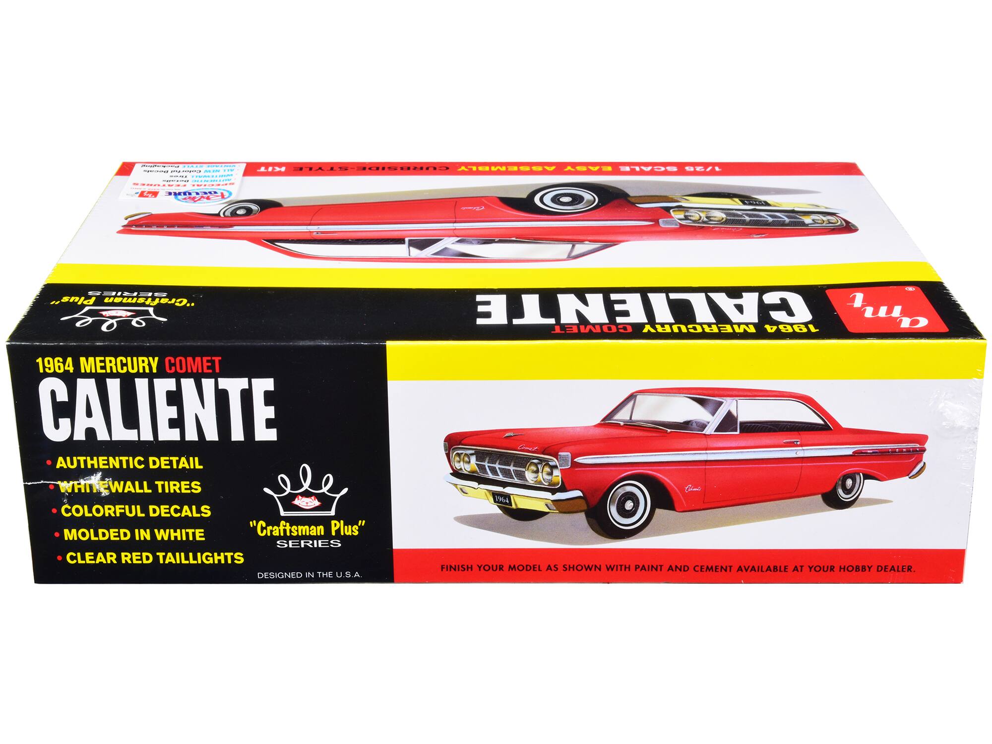 Sure, here is the corrected and grouped text from the image:

---

**1964 MERCURY COMET CALIENTE**

- AUTHENTIC DETAIL
- WHITEWALL TIRES
- COLORFUL DECALS
- MOLDED IN WHITE
- CLEAR RED TAILLIGHTS

"Craftsman Plus" SERIES

DESIGNED IN THE U.S.A.

FINISH YOUR MODEL AS SHOWN WITH PAINT AND CEMENT AVAILABLE AT YOUR HOBBY DEALER.

---

**Craftman Plus**

**1964 MERCURY COMET CALIENTE**

---

**AUTHENTIC DETAIL**

**WHITEWALL TIRES**

**COLORFUL DECALS**

**MOLDED IN WHITE**

**CLEAR RED TAILLIGHTS**

---

**"Craftsman Plus" SERIES**

---

**DESIGNED IN THE U.S.A.**

---

**FINISH YOUR MODEL AS SHOWN WITH PAINT AND CEMENT AVAILABLE AT YOUR HOBBY DEALER.**