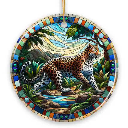 Front. OrnamentallyYou - African Leopard Expedition Stained Glass Ceramic Ornament Safari Animals Christmas Gift Version 2 - Multi-colored.