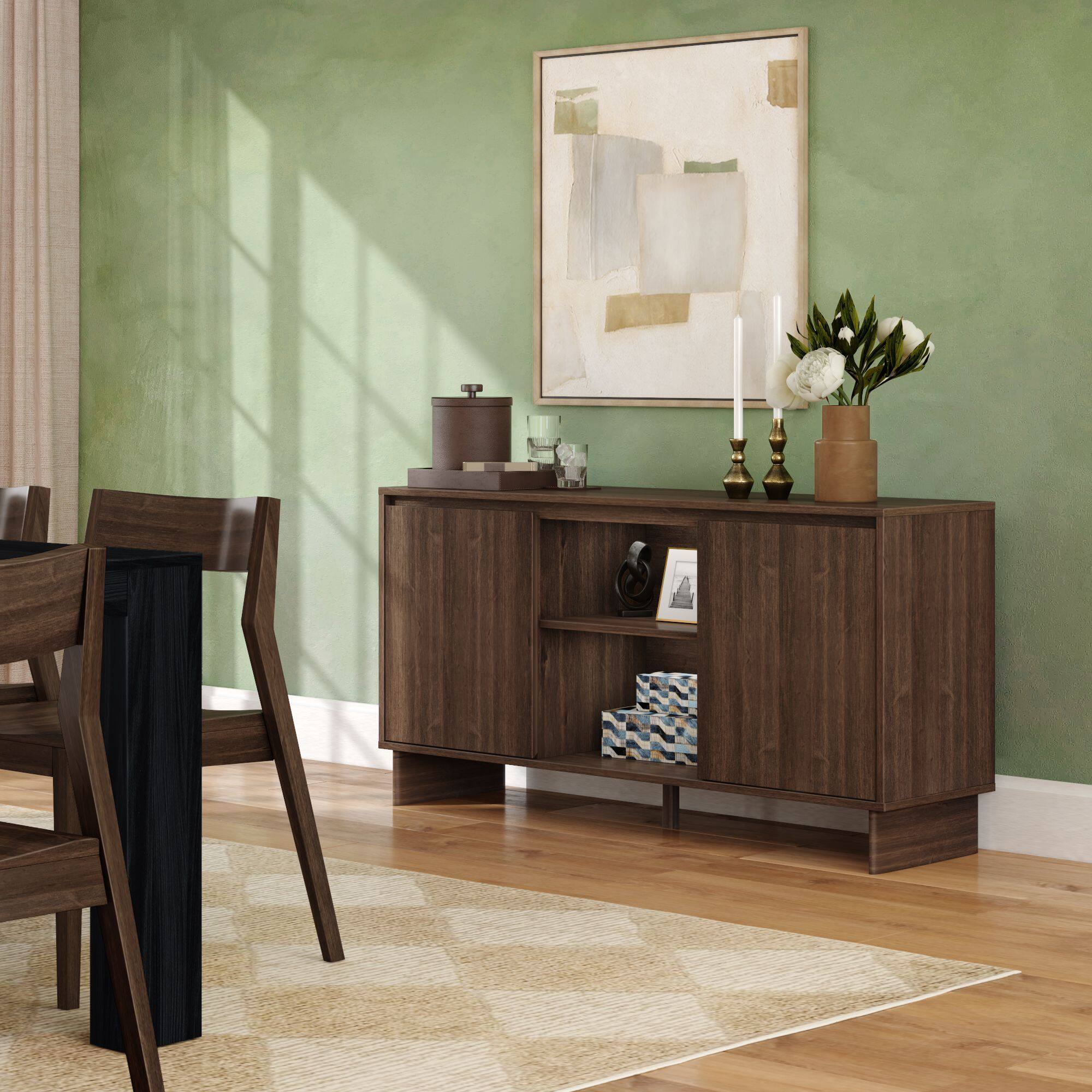 Alt View 7. Plank+Beam - Modern TV Stand/Sideboard, 2 Door w/ Middle Shelf  (1499 x 406 x 762mm / 59 x 16 x 30in), Walnut - Walnut.