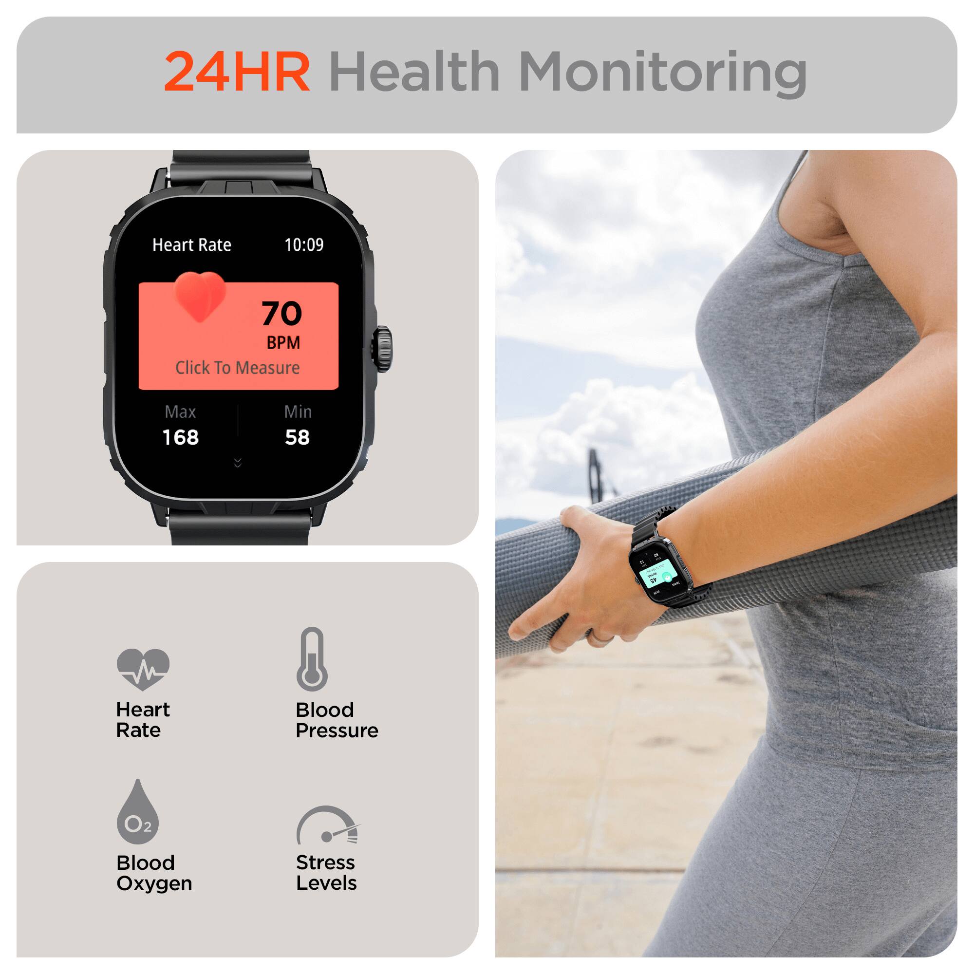 24HR Health Monitoring

Heart Rate  
10:09  
70 BPM  
Click To Measure  
Max 168  
Min 58  

Heart Rate  
Blood Pressure  
Blood Oxygen  
Stress Levels