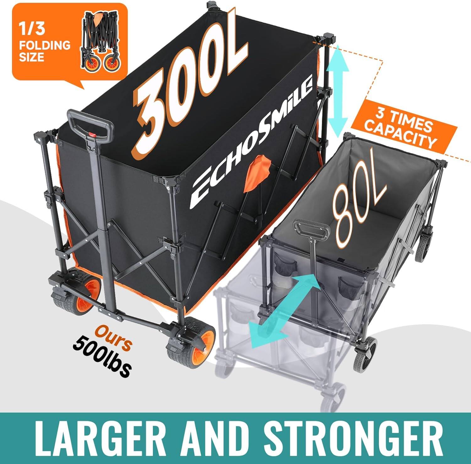 1/3 FOLDING SIZE, 300L, ECHOSMILE, 3 TIMES CAPACITY, Ours 500lbs, LARGER AND STRONGER