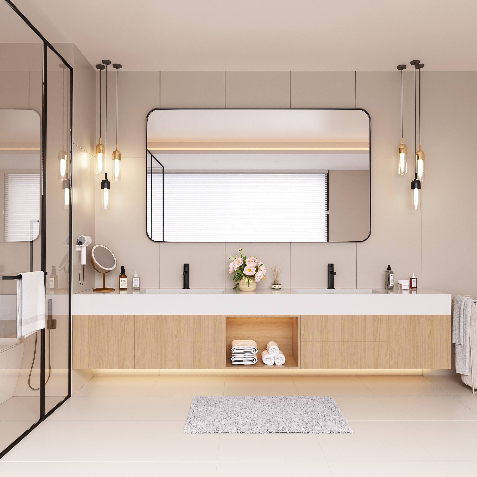 LOVMOR Tempered Glass Rounded Rectangle Framed Wall Mounted Bathroom ...