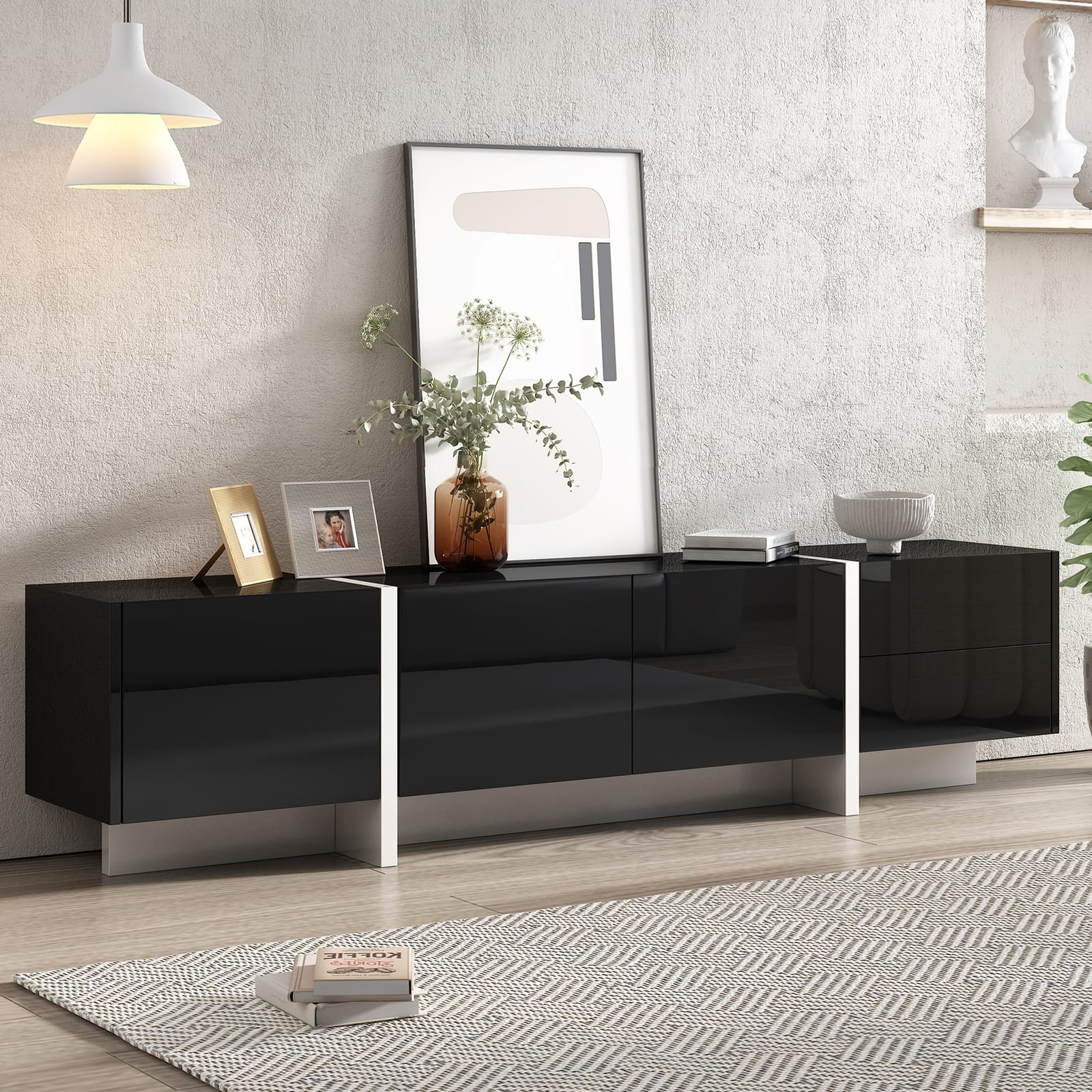 Spaco - Modern High Gloss TV Stand for 80" TV, Rectangle Design Media Console with Storage for Living Room Bedroom - Black