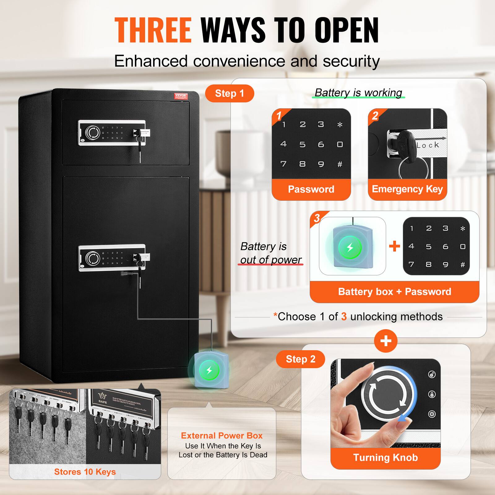 THREE WAYS TO OPEN
Enhanced convenience and security

Step 1
Battery is working
1 2 3 * 4 5 6 7 8 9 #
Password
Emergency Key

Battery is out of power
1 2 3 * 4 7 5 8 6 9 #
Battery box + Password
* Choose 1 of 3 unlocking methods

Step 2
+ V
Turning Knob

Stores 10 Keys
External Power Box
Use It When the Key is Lost or the Battery is Dead