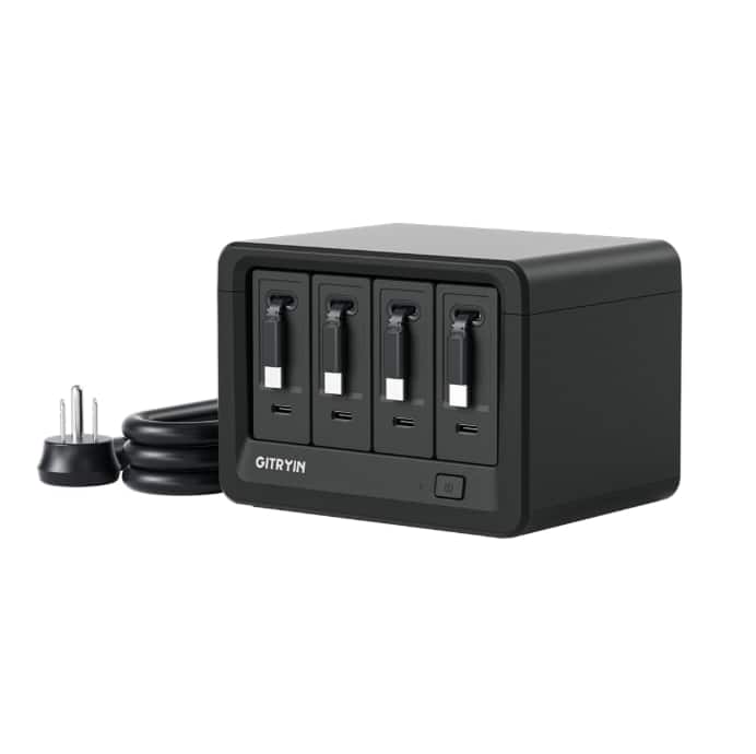 Front. Gitryin - Desktop Charging Station + 4 USB-C Retractable Charger, 40W, 31.5-Inch flat Cable, 8 AC - BLACK.