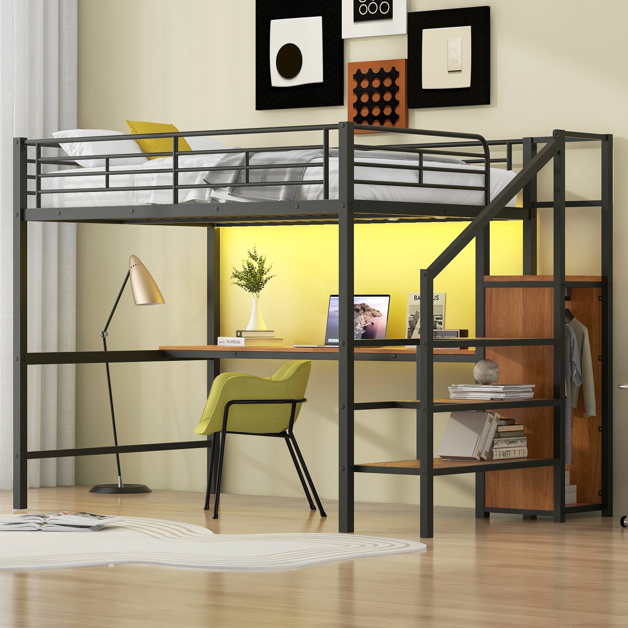 Left. Anysun - Multifunctional Design Full Size Sturdy Metal Frame LED Loft Bed with Desk and Small Wardrobe, Assembly Required - Black.