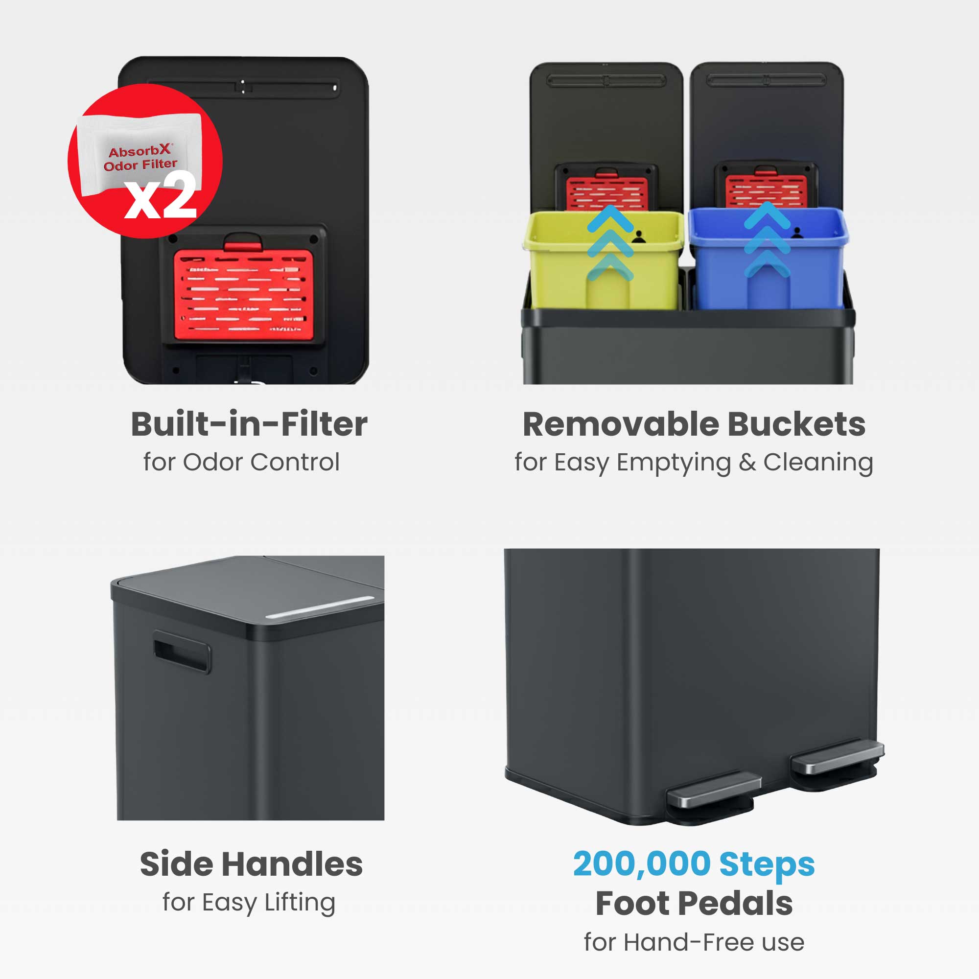 AbsorbX Odor Filter x2  
Built-in-Filter for Odor Control  
Removable Buckets for Easy Emptying & Cleaning  
Side Handles for Easy Lifting  
200,000 Steps Foot Pedals for Hand-Free use
