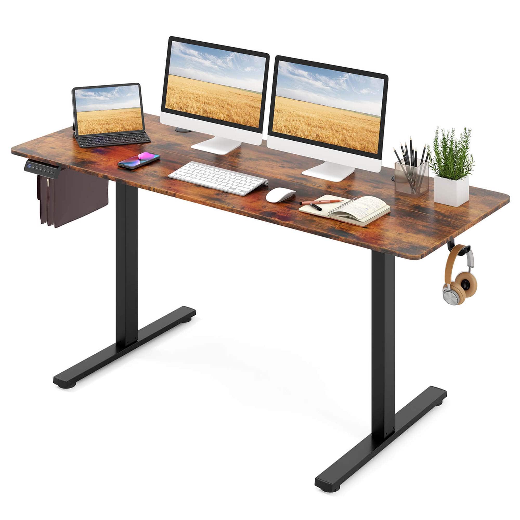Front. Costway - Costway 63 x 24 Inch Sit Stand Desk Height Adjustable Electric Standing Desk - Brown.