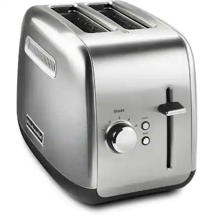 The image shows a silver toaster with a shade control. The shade control allows users to adjust the toasting level from 1 to 5. The toaster is designed to toast bagels, among other food items.