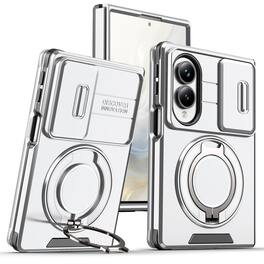 Dteck - for Samsung Galaxy Z Fold8 Case with Camera Slide Cover, Shockproof Rugged Phone Cover with Magnetic Rotate Ring Stand - Silver