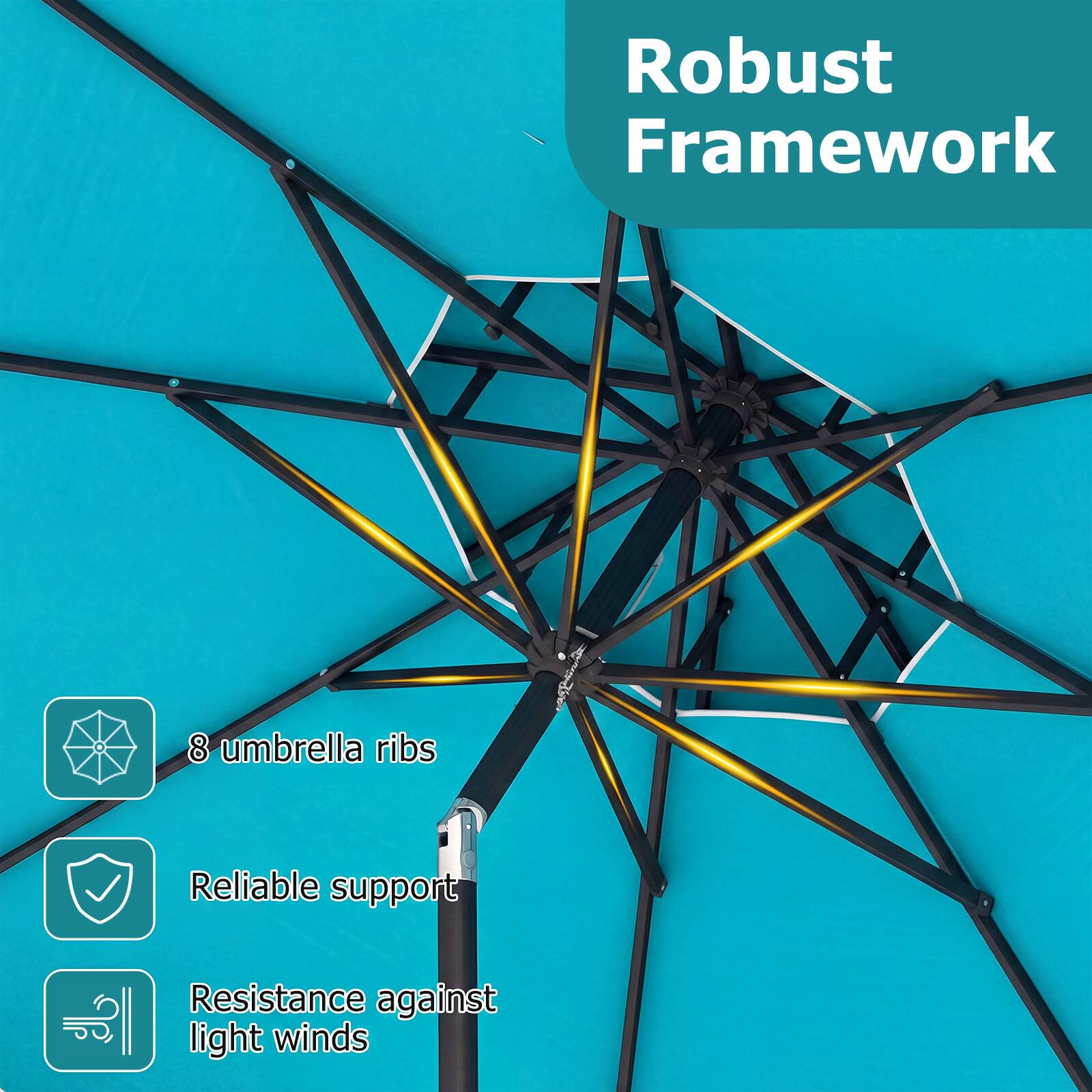 Robust Framework

- 8 umbrella ribs
- Reliable support
- Resistance against light winds