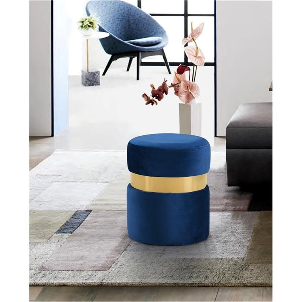 Left. JETRANSPORT - Hailey Collection Modern Contemporary Upholstered Ottoman/stool Stainless Steel Band 14.5" 17.5" Navy - Grey Gold Finish.