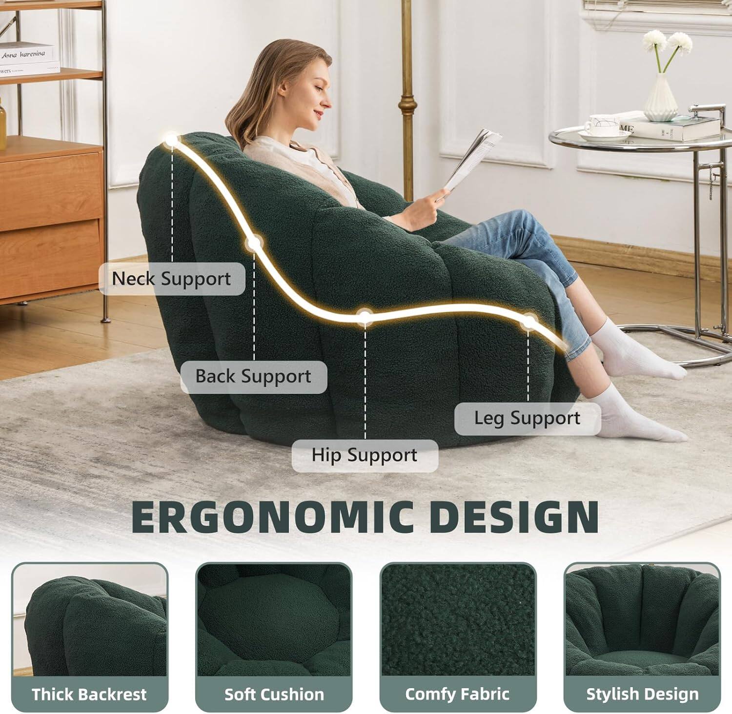 ANN knmina ME  
Neck Support  
Back Support  
Hip Support  
Leg Support  
ERGONOMIC DESIGN  
Thick Backrest  
Soft Cushion  
Comfy Fabric  
Stylish Design