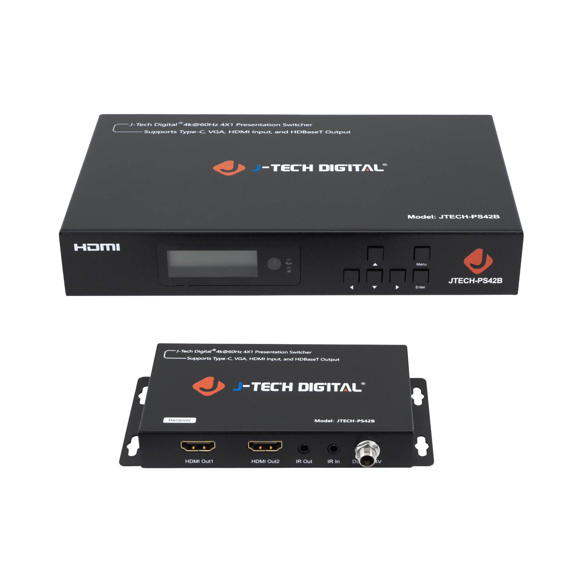 J-Tech Digital 4K@60Hz 4x1 Presentation Switcher Supports Type-C, VGA, HDMI Input, and HDBaseT Output J-TECH DIGITAL Model: JTECH-PS42B HDMI Menu Cnde JTECH-PS42B