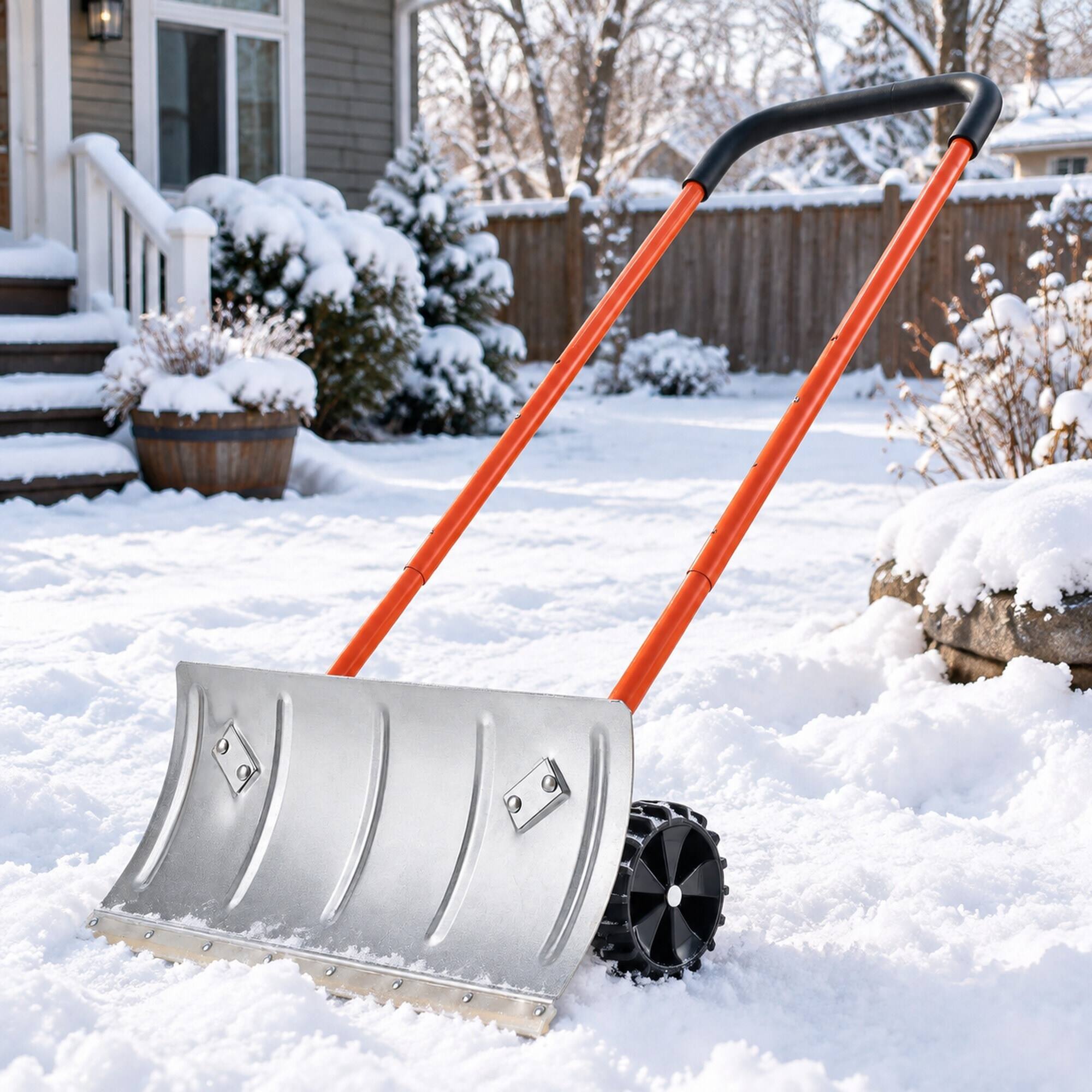 Alt View 2. RYHNUYNE - 24 in Snow Pusher Shovel, Metal Snow Plow, Adjustable Handle, Anti-Slip Wheels, Driveway Clearing - Gray.