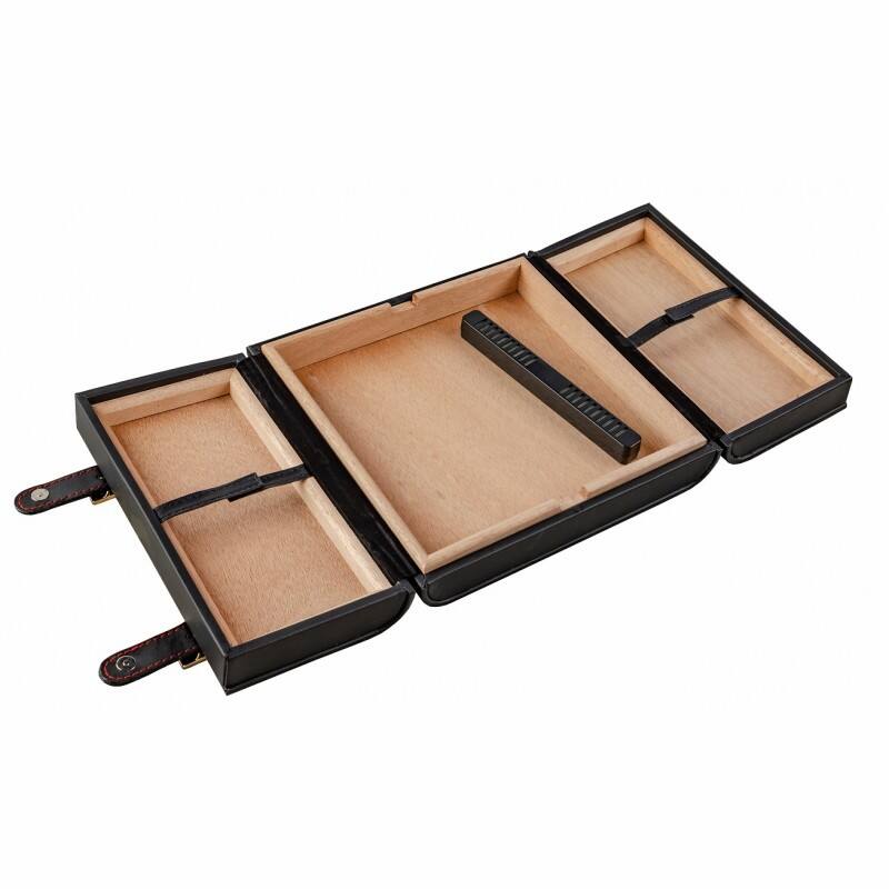 Left. Prestige - Azure Travel Cigar Humidor - Black Leather with Rich Red Stitching.
