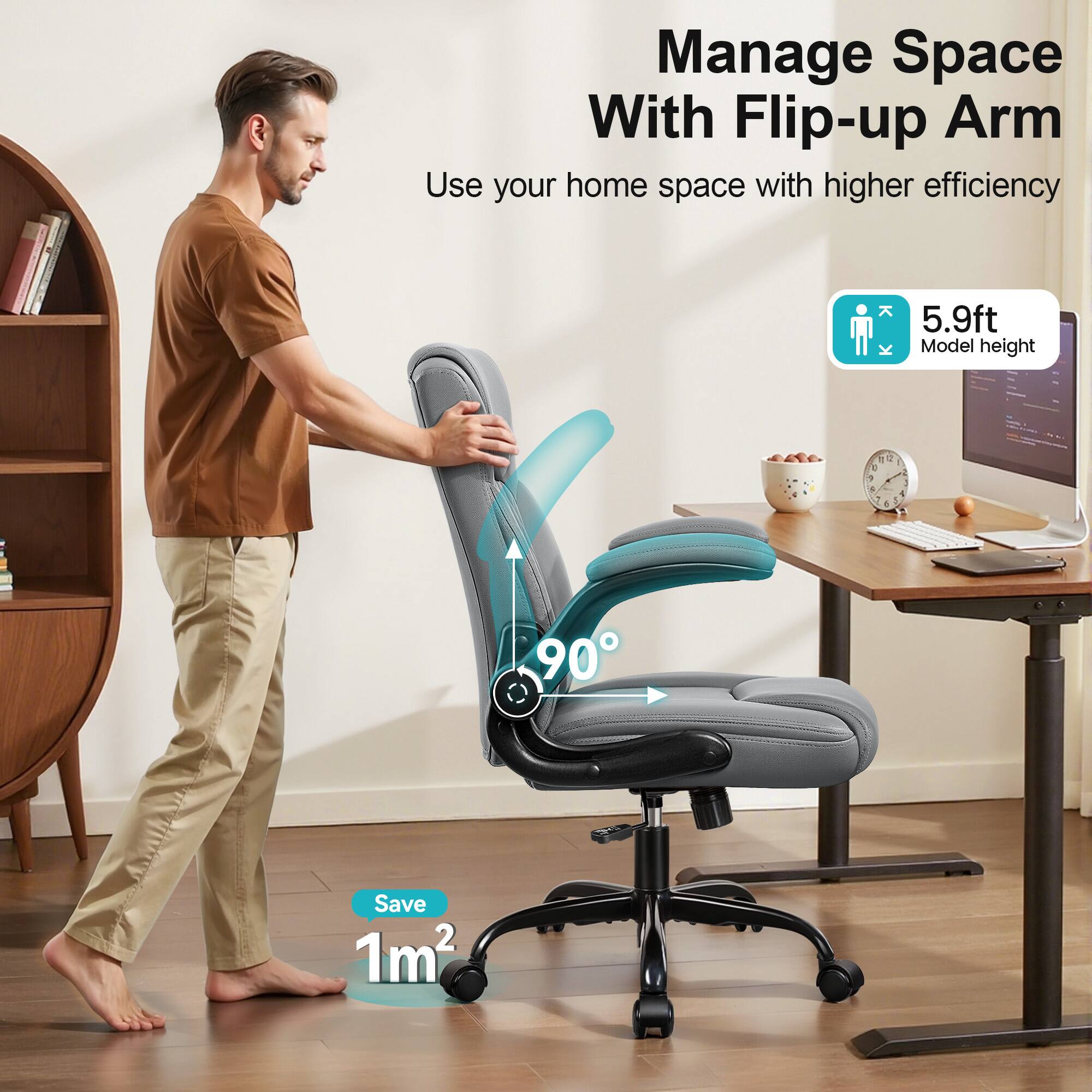 Manage Space With Flip-up Arm  
Use your home space with higher efficiency  

5.9ft Model height  

Save 1m²