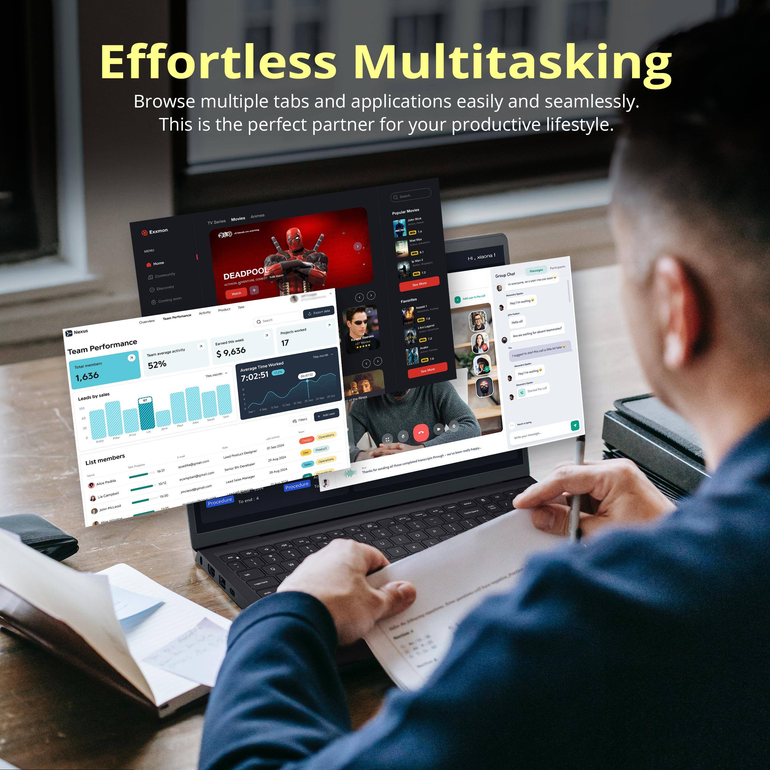 Effortless Multitasking  
Browse multiple tabs and applications easily and seamlessly.  
This is the perfect partner for your productive lifestyle.  

- FLumun  
- FORO  
- Team Performance  
- 52%  
- 1.636  
- DEADPOOL  
- 17  
- $9,636  
- 7:02:51  
- Ea member  
- Provesture  
- Procedure