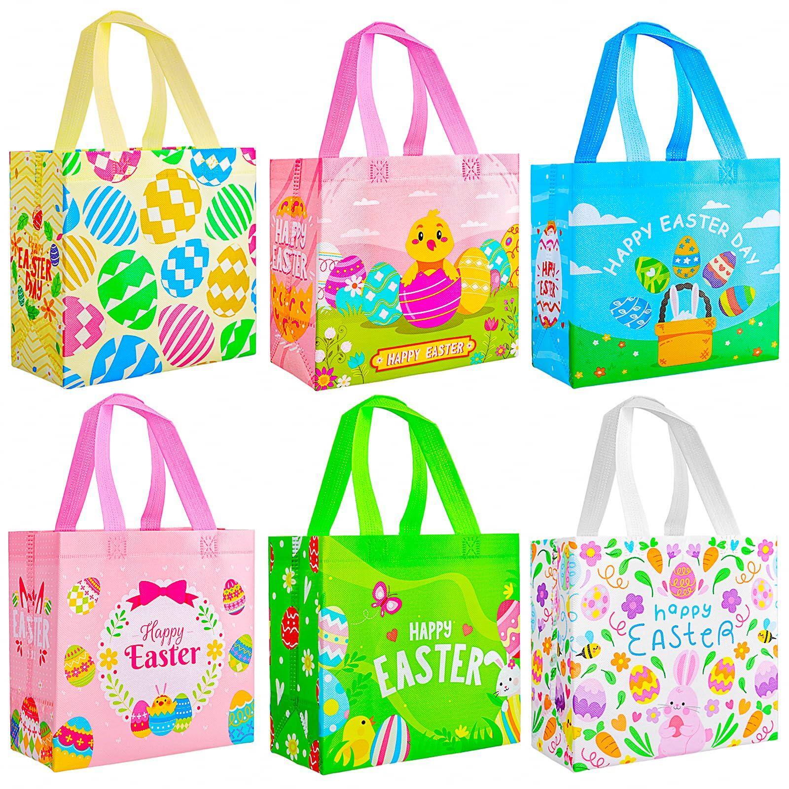 Sure, here is the corrected and grouped text from the image:

1. **Yellow Bag:**
   - "HAPPY EASTER"

2. **Pink Bag:**
   - "HAPPY EASTER"
   - "HAPPY EASTER"

3. **Blue Bag:**
   - "HAPPY EASTER DAY"

4. **Pink Bag:**
   - "Happy Easter"

5. **Green Bag:**
   - "HAPPY EASTER"

6. **Purple Bag:**
   - "happy EASTER"