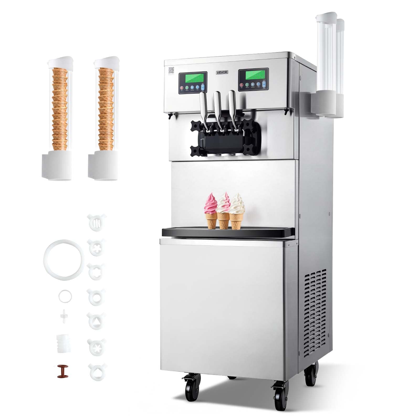 VEVOR - Commercial Ice Cream Machine, 34-44L/H Yield, Dual-Compressor Freestanding Soft Serve Ice Cream Maker with 2*10L Hoppers - Silver