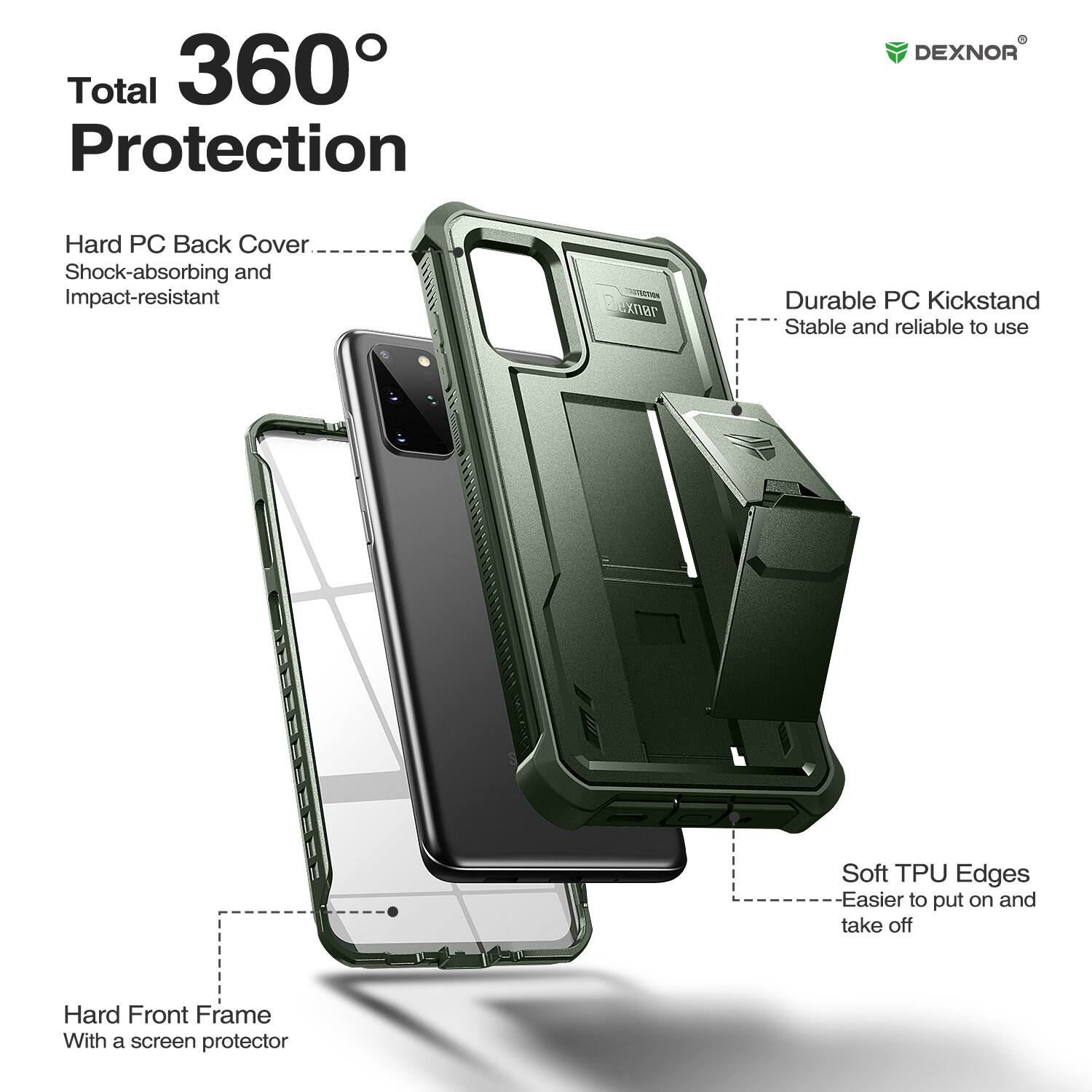 Total 360° Protection

- Hard PC Back Cover
  - Shock-absorbing and Impact-resistant

- Durable PC Kickstand
  - Stable and reliable to use

- Soft TPU Edges
  - Easier to put on and take off

- Hard Front Frame
  - With a screen protector