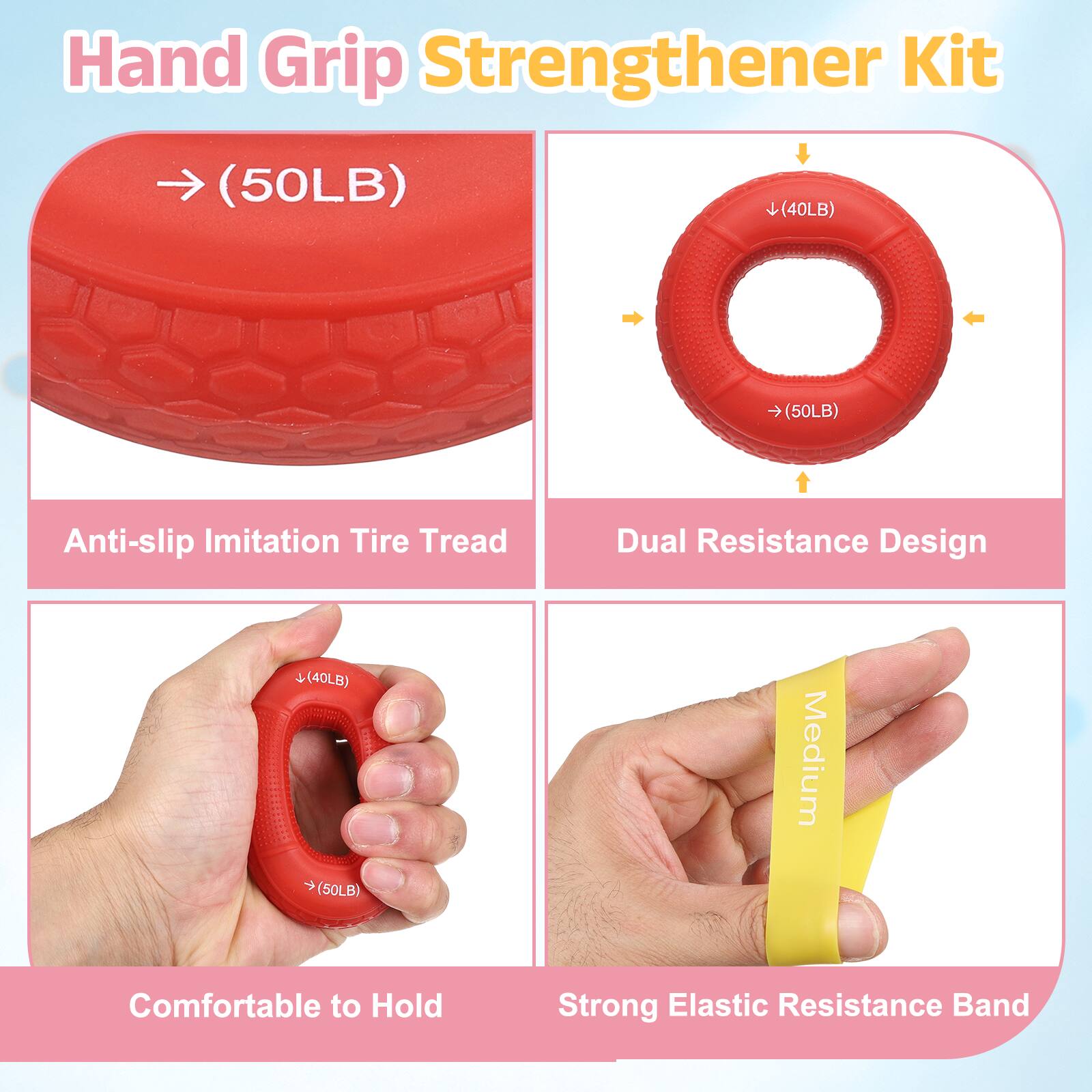 Hand Grip Strengthener Kit (50LB) (40LB) (50LB) Anti-slip Imitation Tire Tread Dual Resistance Design (40LB) (50LB) Medium Comfortable to Hold Strong Elastic Resistance Band