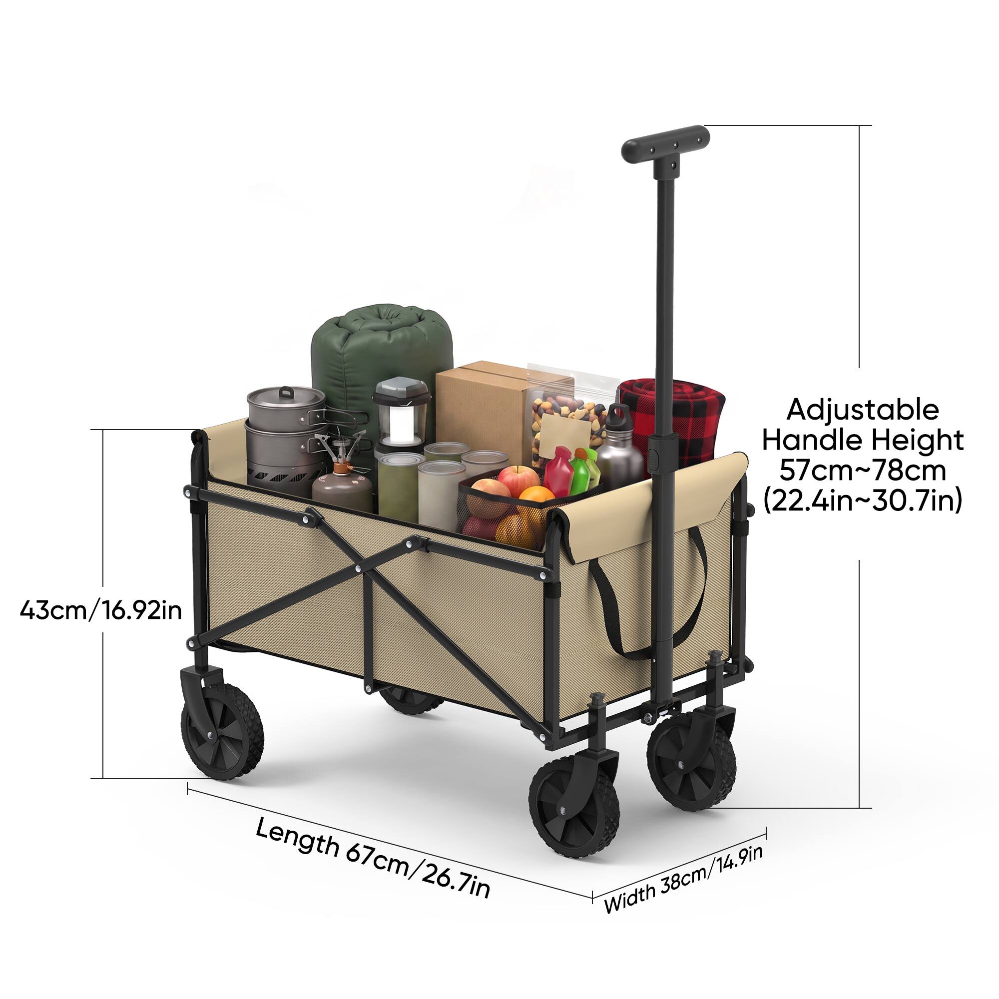 Adjustable Handle Height 57cm~78cm (22.4in~30.7in)  
43cm/16.92in  
Length 67cm/26.7in  
Width 38cm/14.9in
