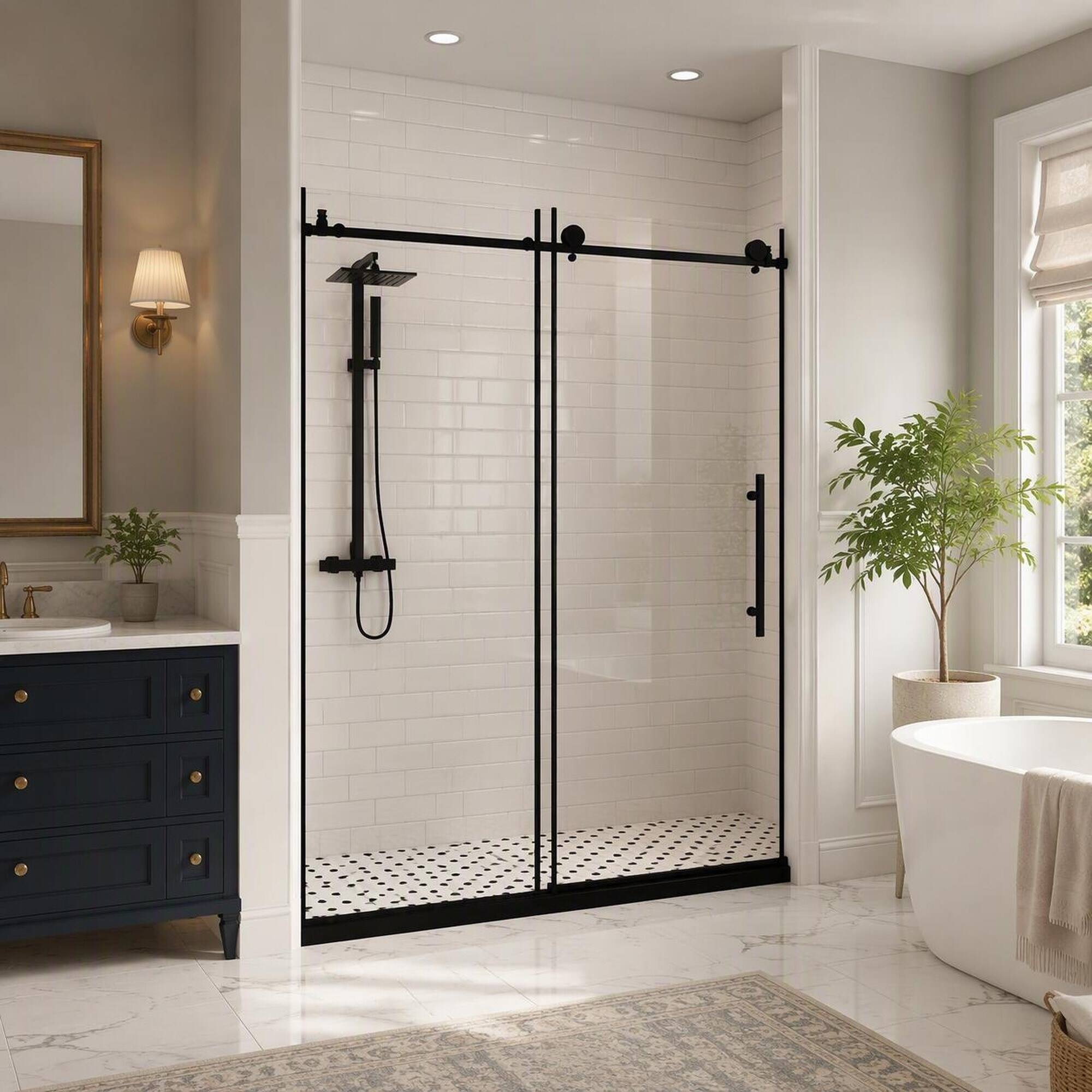 Left. RYHNUYNE - Frameless Shower Door 44-48" W X 76" H With 1/4" Clear Tempered Glass, Matte Black Steel Handle - Matte Black.
