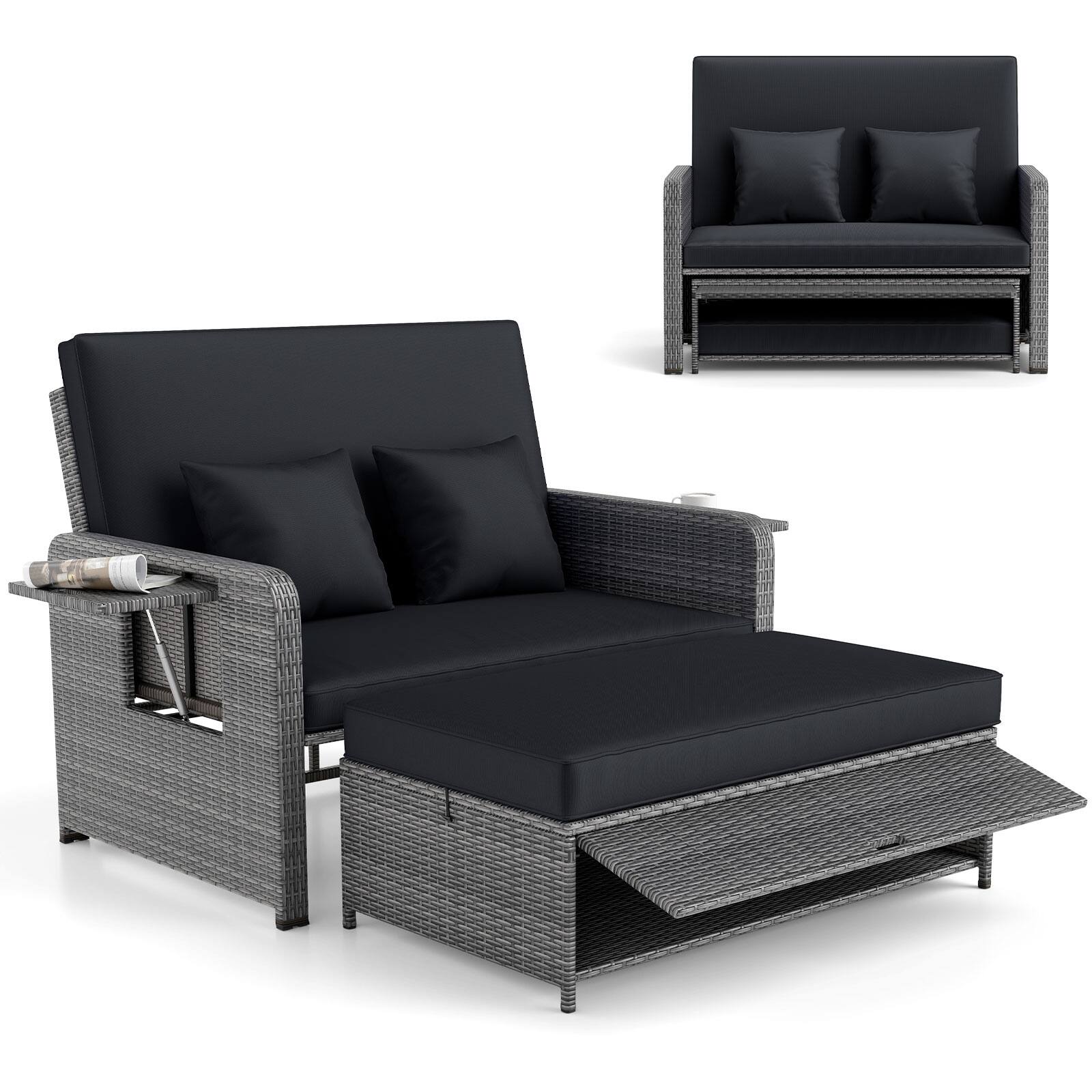 Gymax - Rattan Daybed Wicker Loveseat Sofa Set w/ Ottoman & Retractable Side Tray Patio - Black