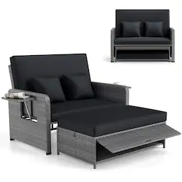 Gymax - Rattan Daybed Wicker Loveseat Sofa Set w/ Ottoman & Retractable Side Tray Patio - Black