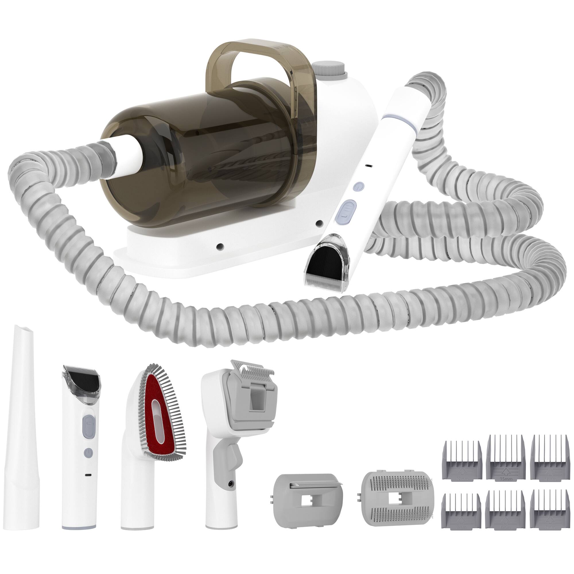 Angle. Topteng - 5-in-1 Pet Grooming Vacuum Kit - Hair Clipper with Suction, 1.5L Dust Cup, Low Noise, 6 Guide Combs for Dogs & Cats.