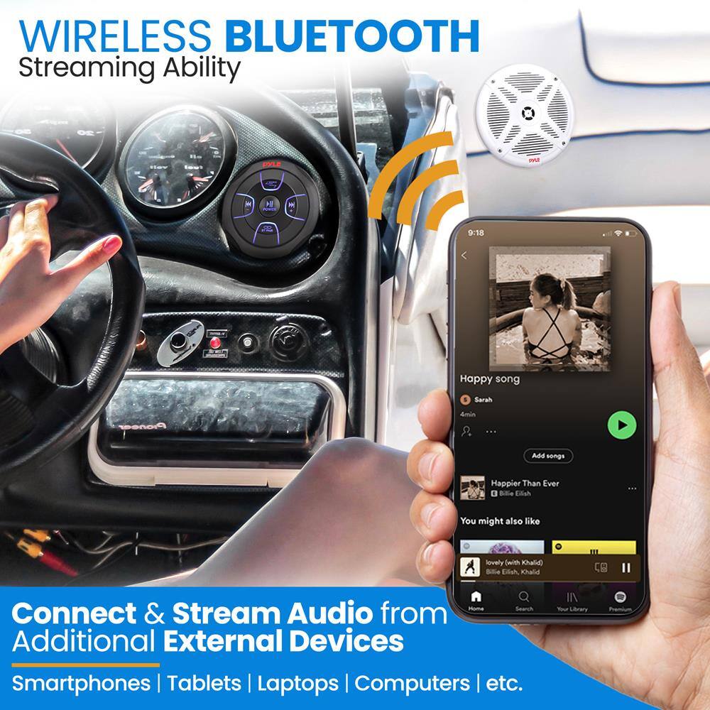 WIRELESS BLUETOOTH  
Streaming Ability

Connect & Stream Audio from Additional External Devices  
Smartphones | Tablets | Laptops | Computers | etc.

Happy song  
Sarah  
4min

Happier Than Ever  
Billie Eilish

You might also like  
lovely (with Khalid)  
Billie Eilish, Khalid
