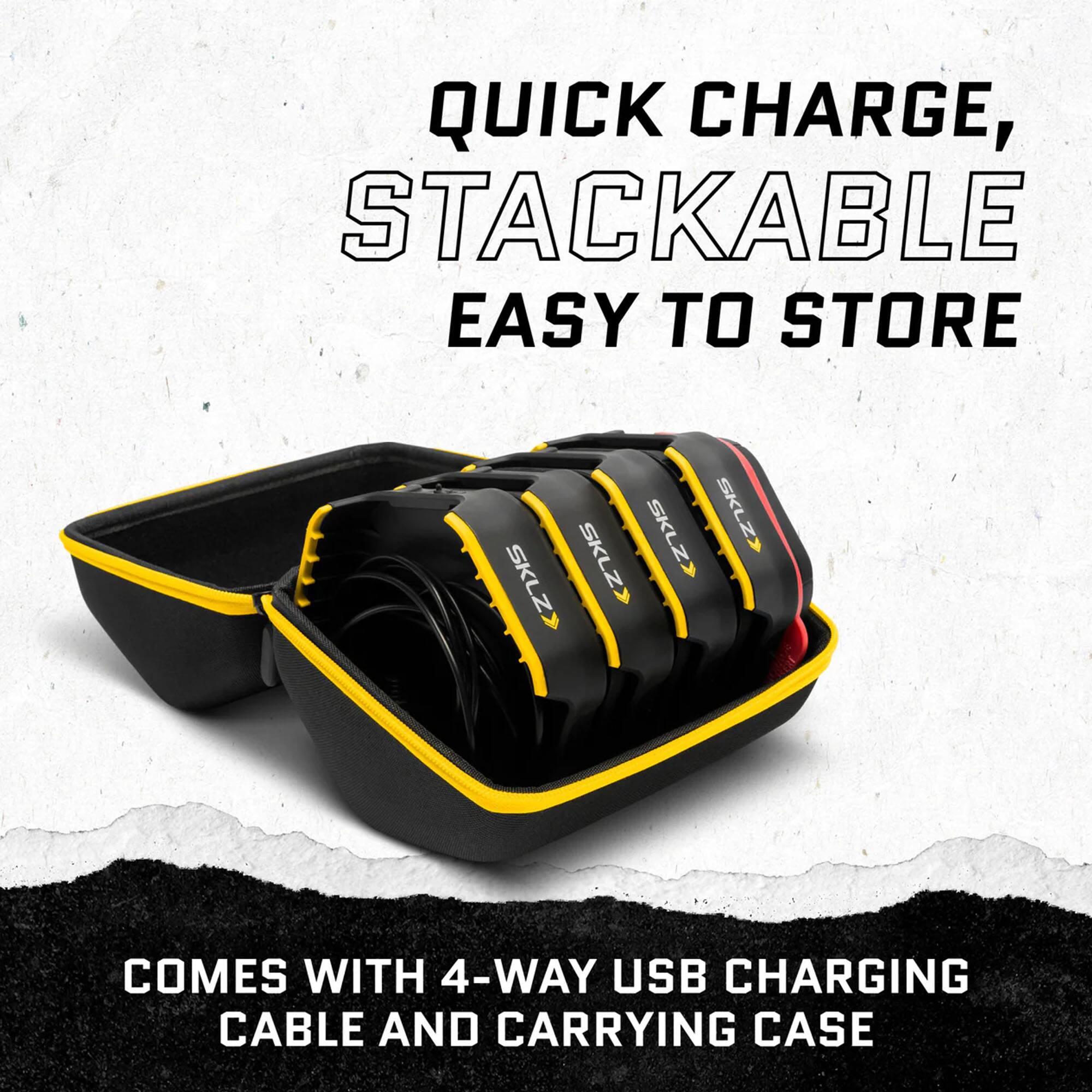 QUICK CHARGE, STACKABLE EASY TO STORE  
COMES WITH 4-WAY USB CHARGING CABLE AND CARRYING CASE