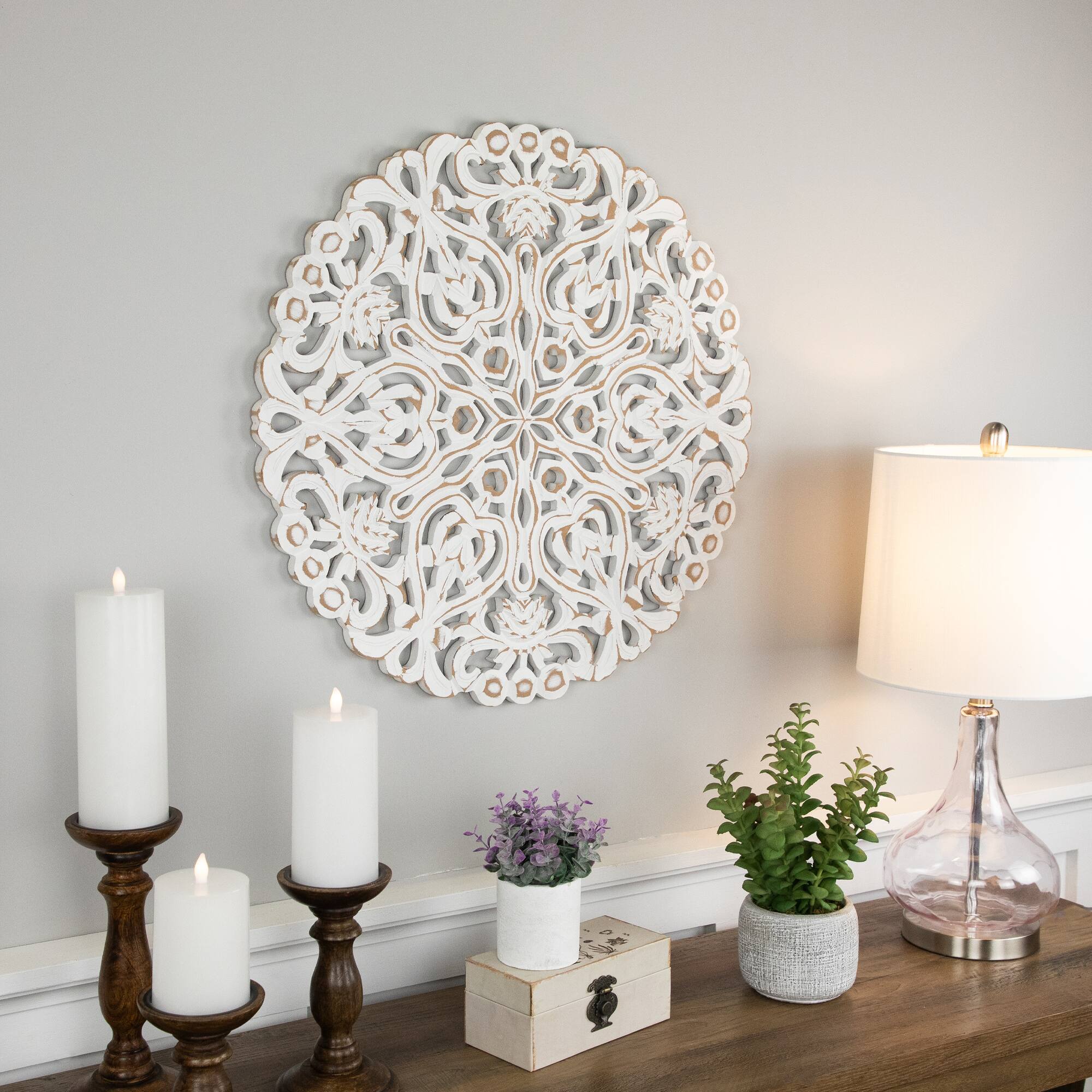 Alt View 2. Northlight - 24" Brushed Antique White Damask Round Wall Panel - White.