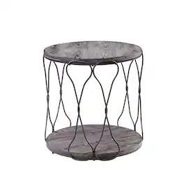 Manhattan Lane - Round Industrial Style Metal and Solid Wood End Table with Open Bottom Shelf - Gray and Brown