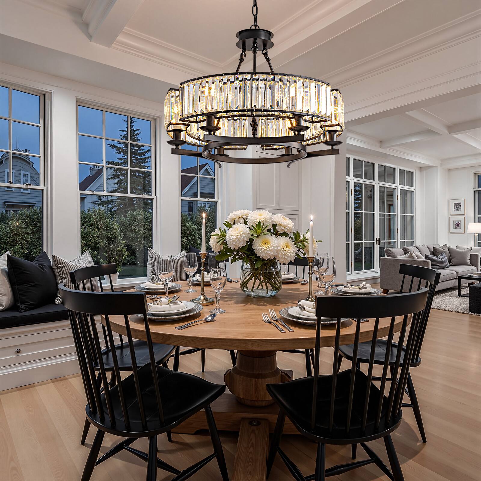 Back. Siljoy - 23.6" Black Farmhouse 6-Light Round Crystal Chandelier Adjustable Chain for Dining Room Kitchen Island Foyer - Black.