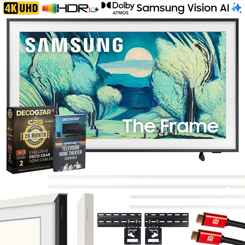 4K UHD HDR10+ Dolby Atmos Samsung Vision AI
SAMSUNG The Frame
DECOGEAR CPS BUNDLE PREMIUM
26 MONTH PROTECTION PLAN
EXCLUSIVE DECOGEAR HDMI CABLES 2
TELEVISION HOME THEATER ESSENTIALS
DECOCGEAR CPS
BEGINNER'S GUIDE