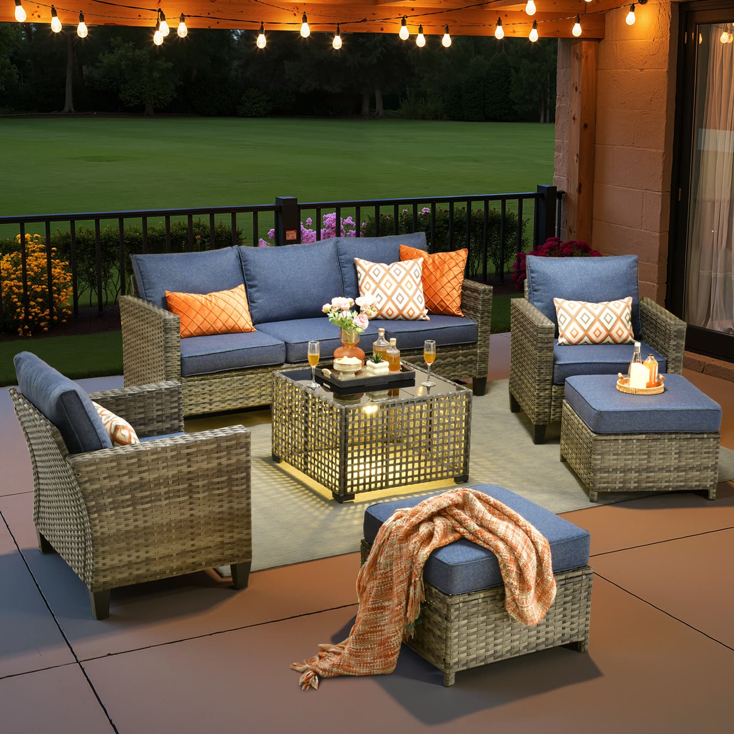 Ovios - 6 PCS Patio Furniture Conversation Set 3 Seat Sofa Comfy Armchair with Coffee Table & Ottoman - Denim Blue