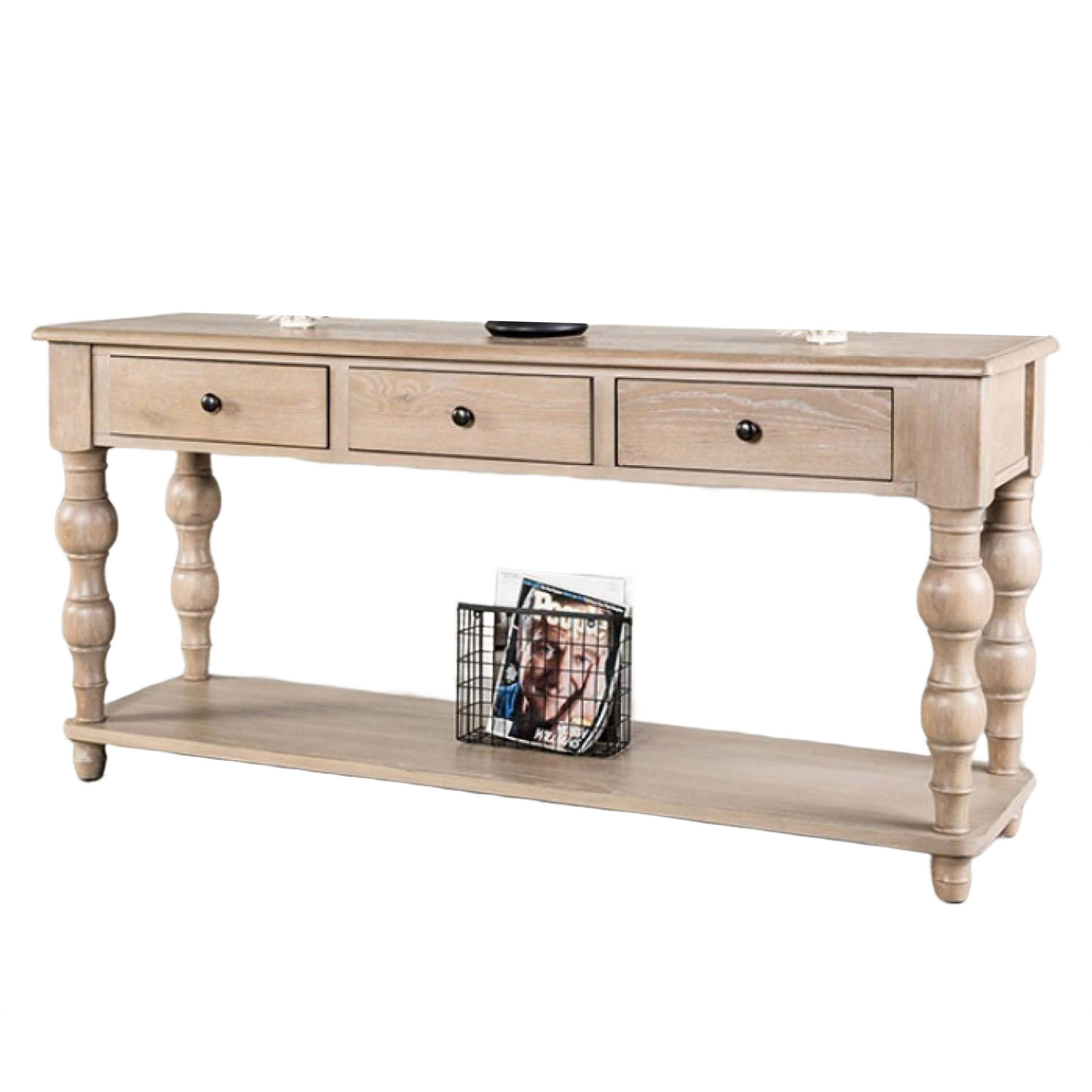 Alt View 1. Manhattan Lane - Cherie Sofa Table, 3 Drawers, Shelf, Light White Washed Wood, 64 Inch - White Wash Brown, Black.